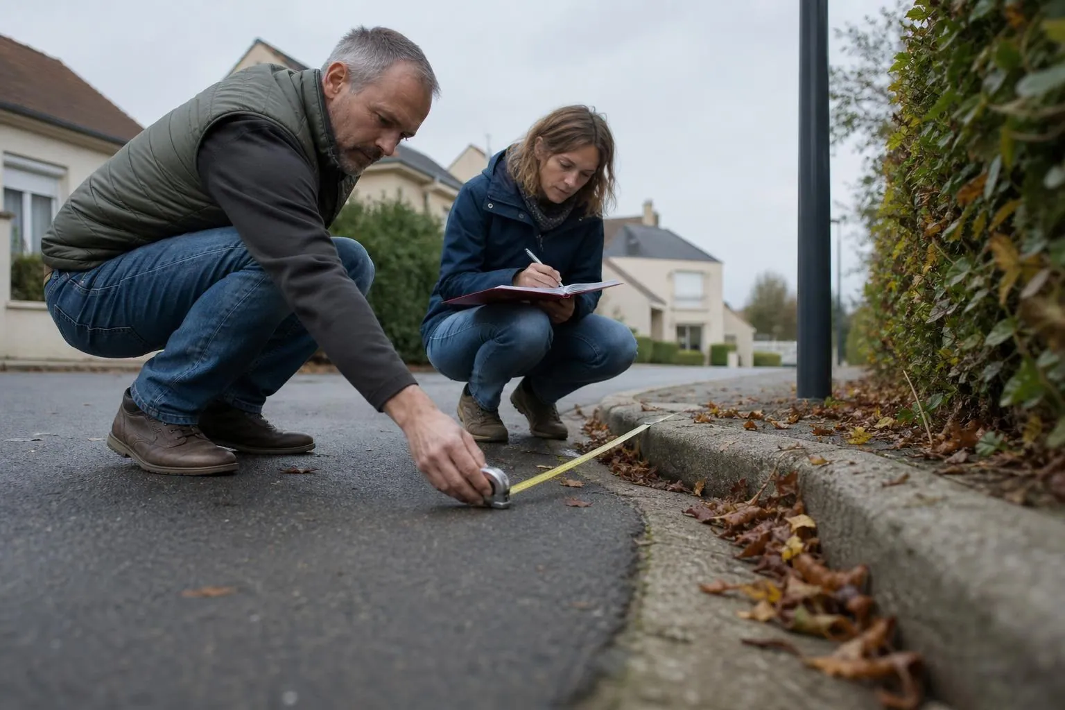 Deux personnes accroupies mesurent au mètre ruban une bordure de voirie affaissée dans un lotissement, un carnet posé sur l’enrobé