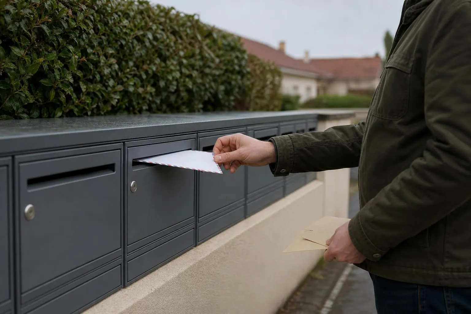 Une main dépose une enveloppe à liseré carmin dans une batterie de boîtes aux lettres à l’entrée d’un lotissement