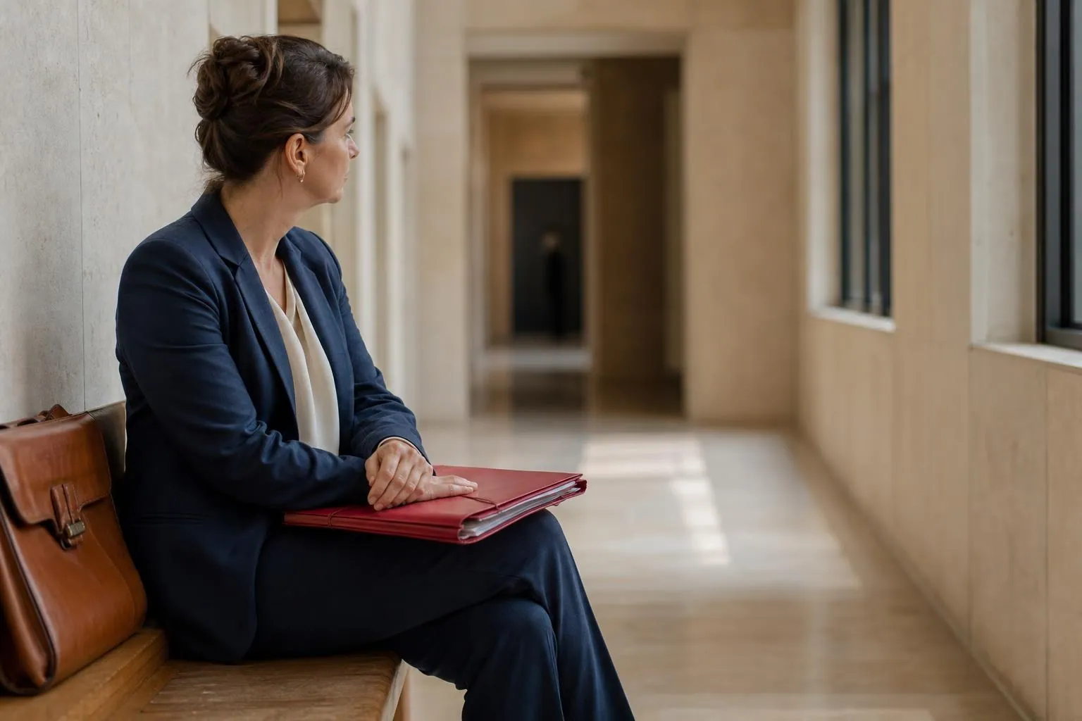Une femme en tailleur ardoise attend sur un banc de bois dans le couloir clair d’un tribunal, un dossier à élastiques sur les genoux