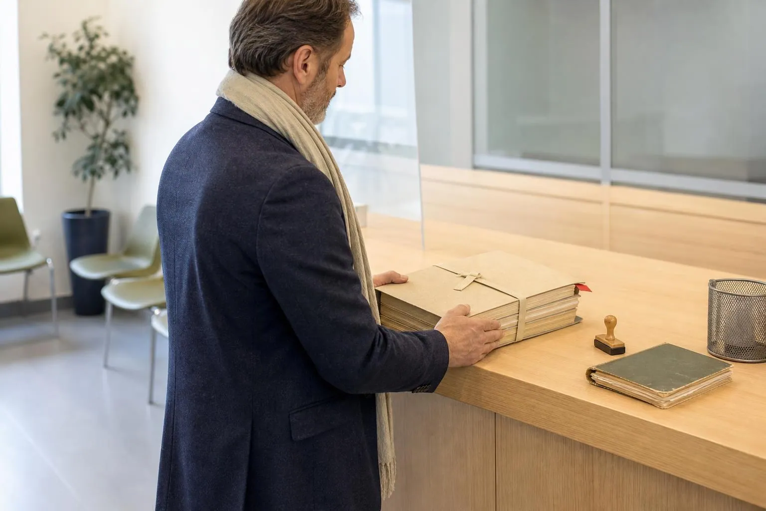 Un homme dépose une chemise cartonnée fermée par une sangle sur le comptoir en bois clair d’un guichet administratif