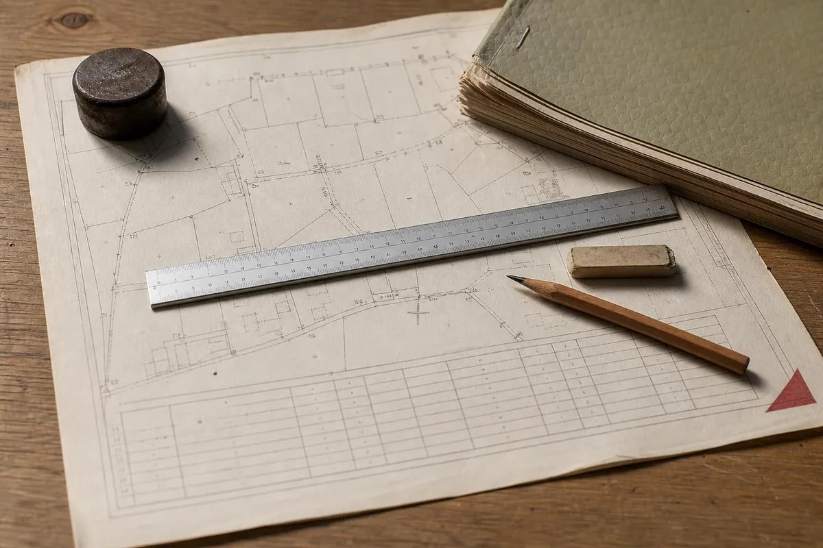 Gros plan sur un plan de division de lotissement avec son tableau de contenance, une règle graduée, un crayon et un dossier de statuts agrafé