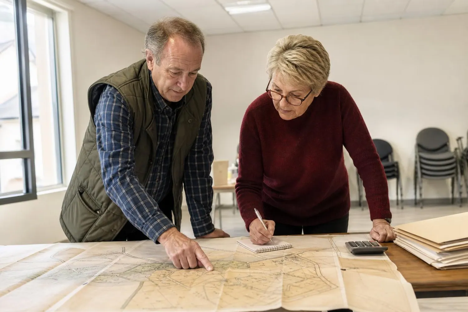 Un homme et une femme d’une soixantaine d’années penchés sur un grand plan de lotissement déplié sur une table de salle communale