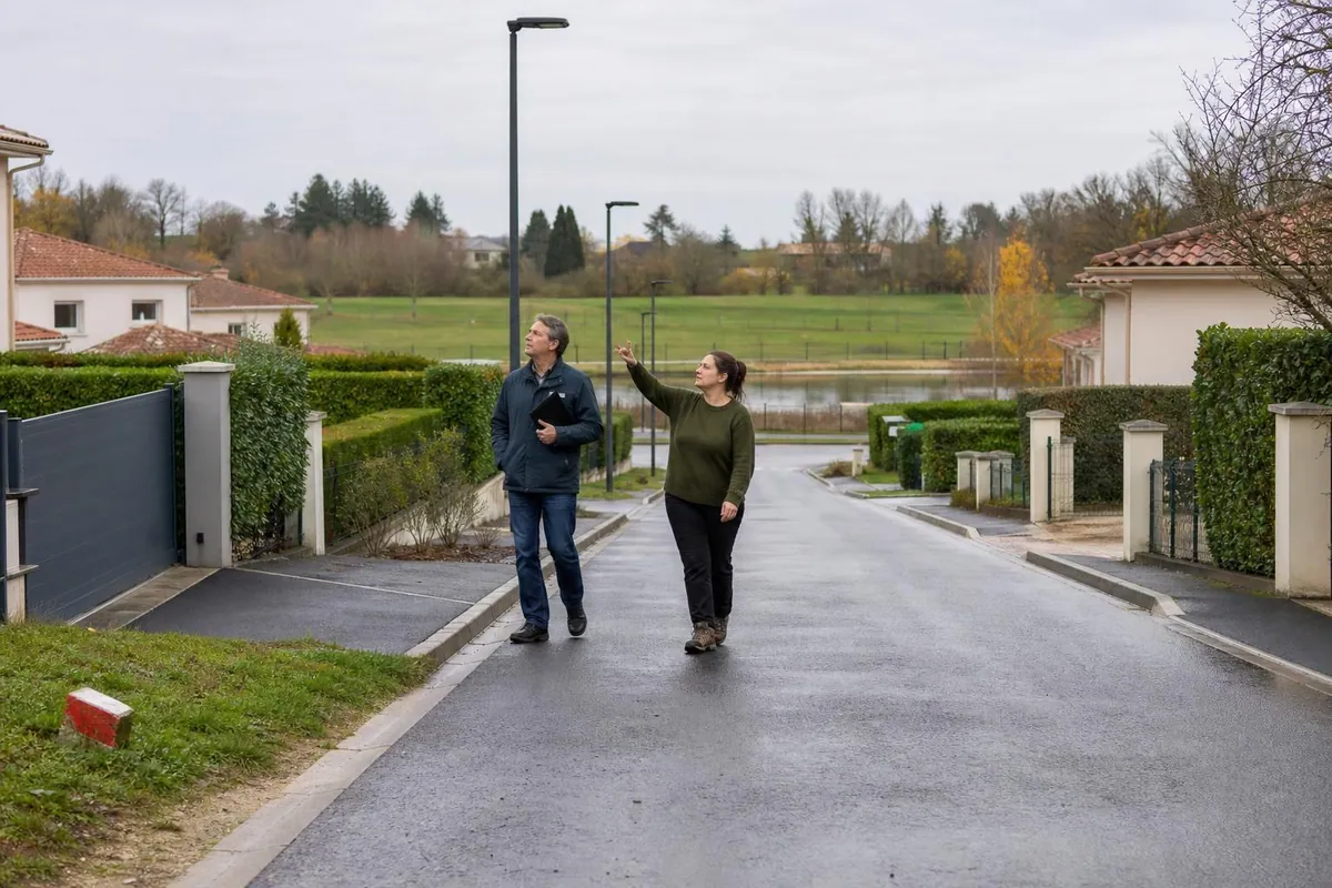 Deux personnes marchent le long de la voirie d’un lotissement pavillonnaire français et observent un portail coulissant et un bassin de rétention enherbé